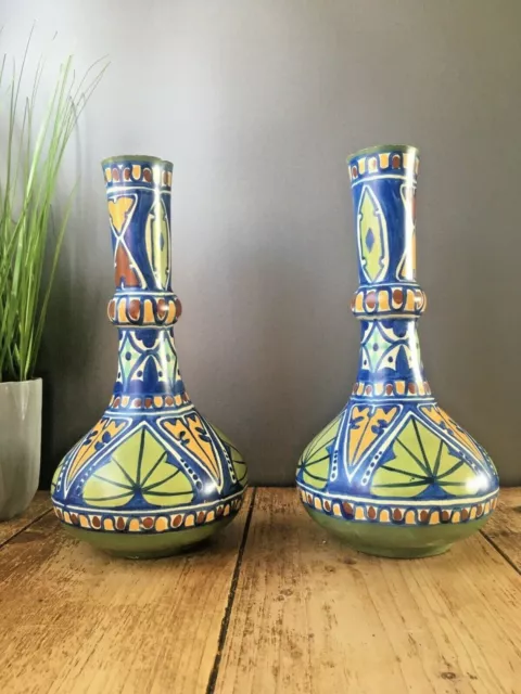 Rare Pair Of Antique James Plant & Son Gouda Style Persian Floral Vases British 3