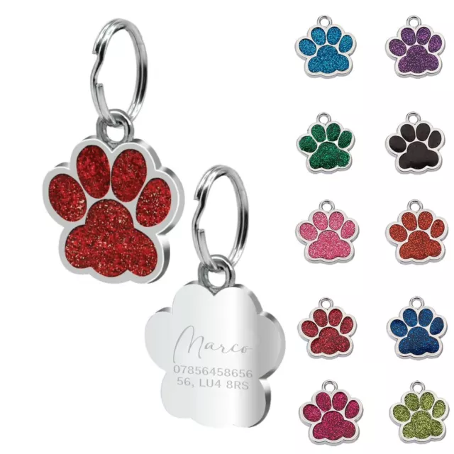 Dog Cat Pet Tag ID Collar Tags Engraved 27mm Glitter Paw Personalised Any Name