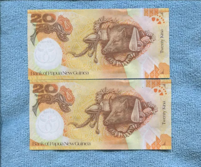 Consecutive Pair  Papua New Guinea 20 Kina paper Banknotes  E-134