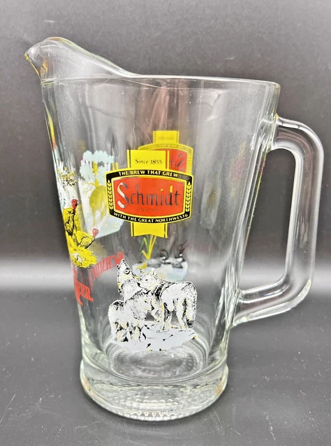 Vintage Schmidt Beer Glass Pitcher Wildlife Bear Ducks Wolves Turkey Tavern Pub