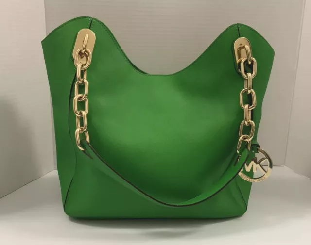 Michael Kors Lillie Purse Kelly Green And Gold Hobo Leather Chain Handbag Tote