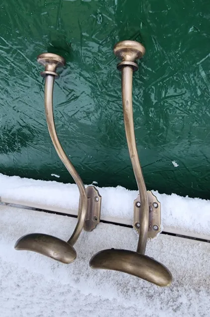 2 x Large Antique Style Solid Brass Wall Mount double Hook Coat / Hat Rack #Q10