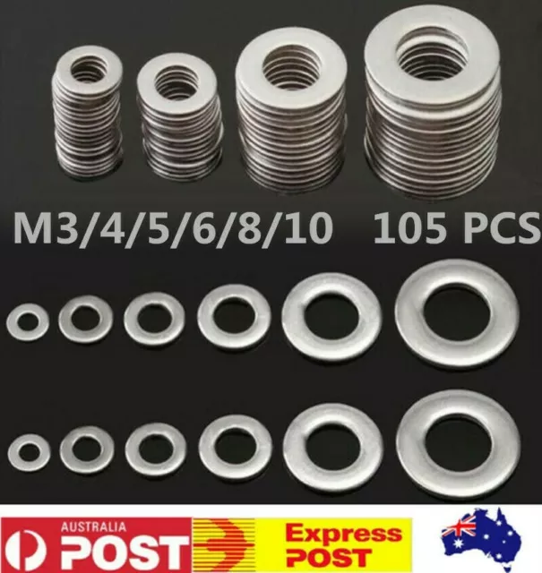 STAINLESS STEEL WASHERS Metric Flat Washer Kit M3, M4, M5, M6, M8, M10 (105pce)