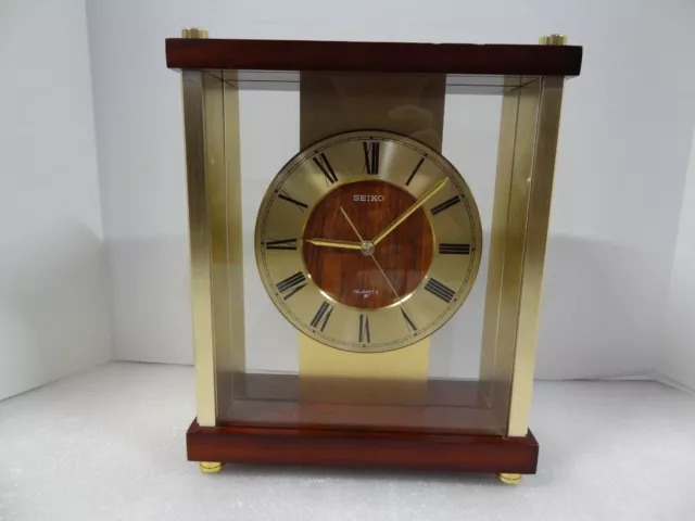 Vintage Seiko Quartz Japan Glass Brass Wood MCM Mantle Clock QZ876G 8" x 10"