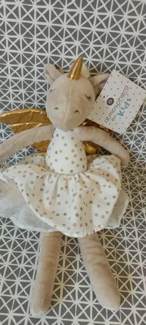 Peluche doudou licorne gris robe blanche à pois ailes dorées Atmosphera neuf