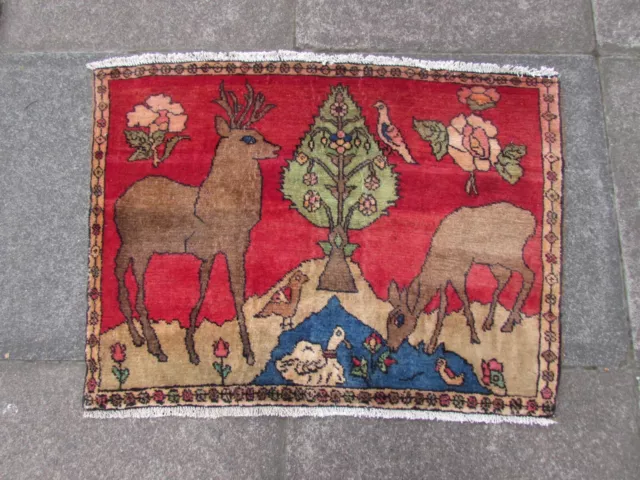 Vintage Handgefertigt Traditionell Orientalisch Wolle Rot S Teppich 63x90cm Tier