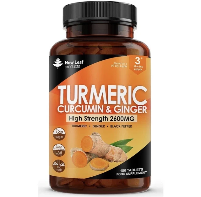TURMERIC SUPPLEMENTS 2600MG Ginger & Black Pepper 180 Turmeric Tablets