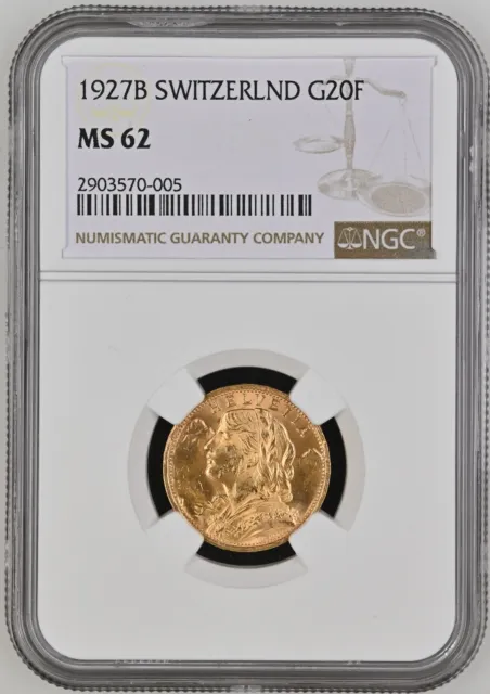 1927 B Swiss Gold Coin 20 Francs Helvetia BU, Switzerland, Bern, AU. NGC MS 62
