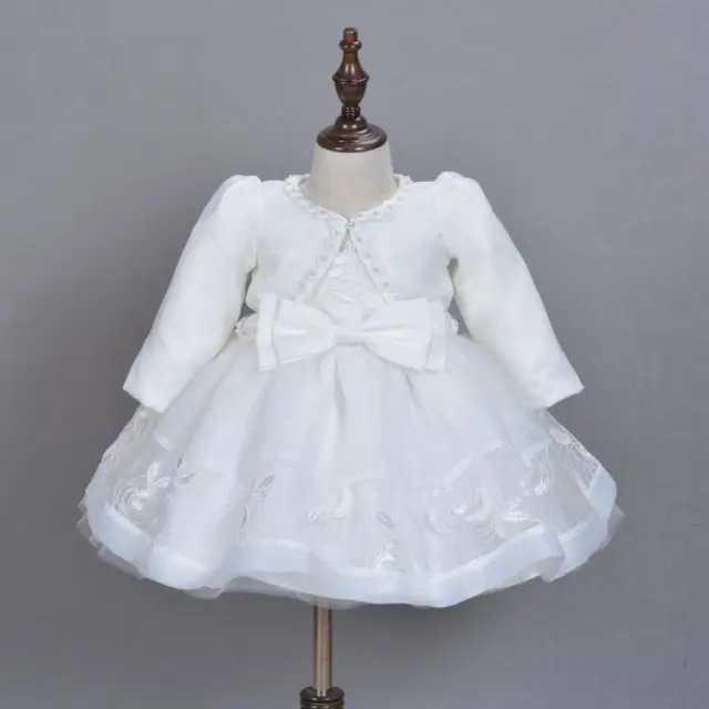 Luxury Embroidery Lace Christening Gown Baby Girl Baptism Dress with Coat Bonnet