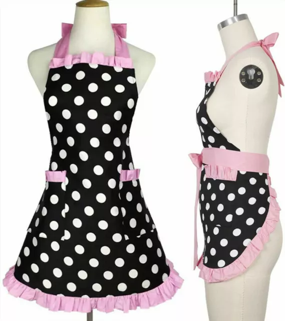 Women Girls Polka Dots Apron Pocket Retro Sexy Kitchen Cooking Princess Aprons