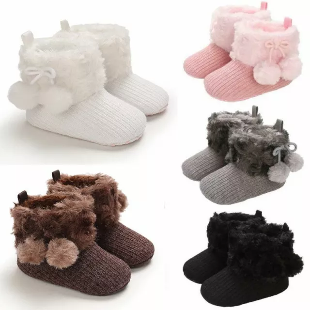 Pram Shoes Pom Boots Boy Girl Faux Fur Winter Snow Booties 0-18 Newborn Baby