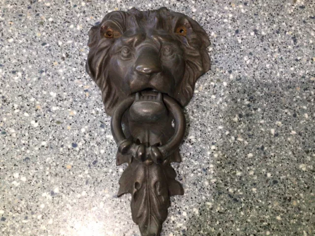 Antique Vintage Style Cast Iron Lion Door Knocker w Hook