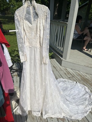 Vintage 70's House Of Bianchi Wedding Dress Long Sleeves Ivory Long Train