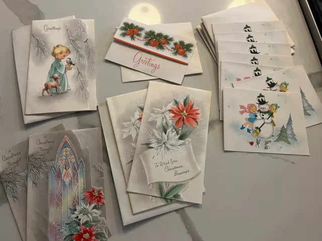 Lot Vintage UNUSED Christmas Card MCM 1960s Snowman Poinsettia Holly NEW 13 Tota