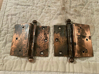 Pr. 1920's National Ball Top, 3 1/2" Copper Wash Step Back Door Hinges, Free S/H