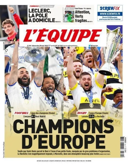 L'Equipe - CHAMPIONS D'EUROPE (29/05/2022) - REAL MADRID + LA ROCHELLE