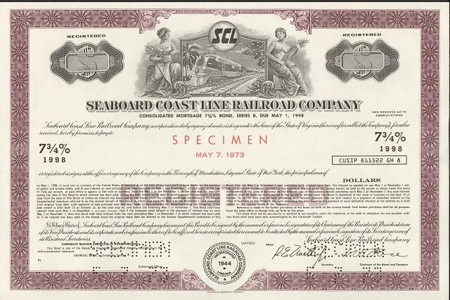 SEABOARD COAST LINE RAILROAD CO 7.75% Consol Bond of 1973 "specimen"