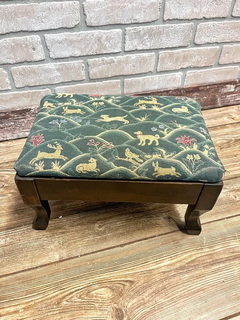 Vintage c1930s Padded Footstool Stool Wooden w/ Animal Dog Print - 8" High