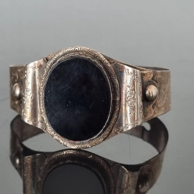 Bracelet En Argent Massif Avec Onyx - Pierre Dominante Ambre - Occasion - Bijou Ancien Ou Ethnique