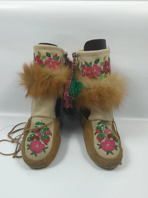 Leather Native American Moccasins Soft Boots Embroidered Real Fur