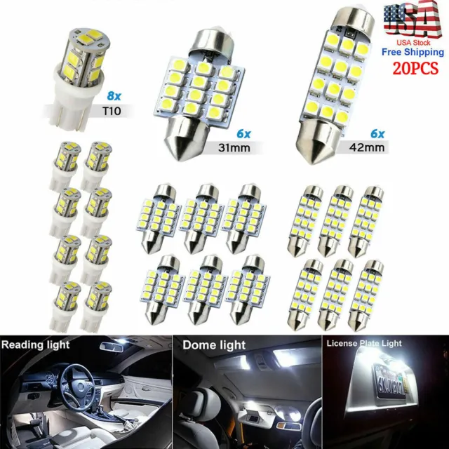 20pcs LED Interior Light Bulbs Kit Car Trunk Dome License Plate Lamp 6500K White