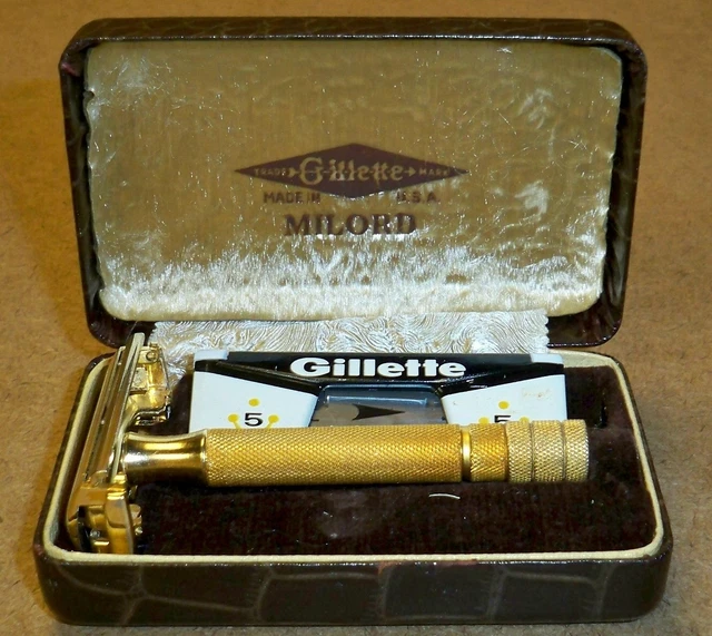 Vintage GILLETTE Milord GOLD Tone Safety Razor with Original Box & Blades/ GREAT