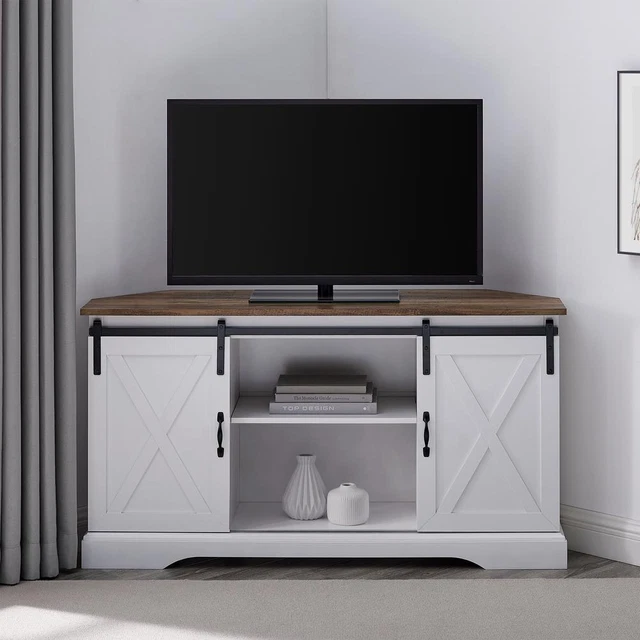 52" Sliding Barn Door Corner TV Stand - Reclaimed Barnwood/Solid White