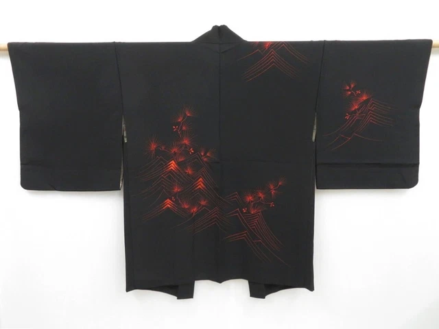 3210T12z590 Vintage Japanese Kimono Silk HAORI Pine Black