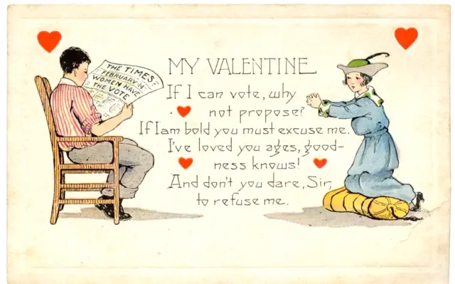 Antique Valentine's Day Postcard Women's Vote Suffrage Propose Marriage 1920s