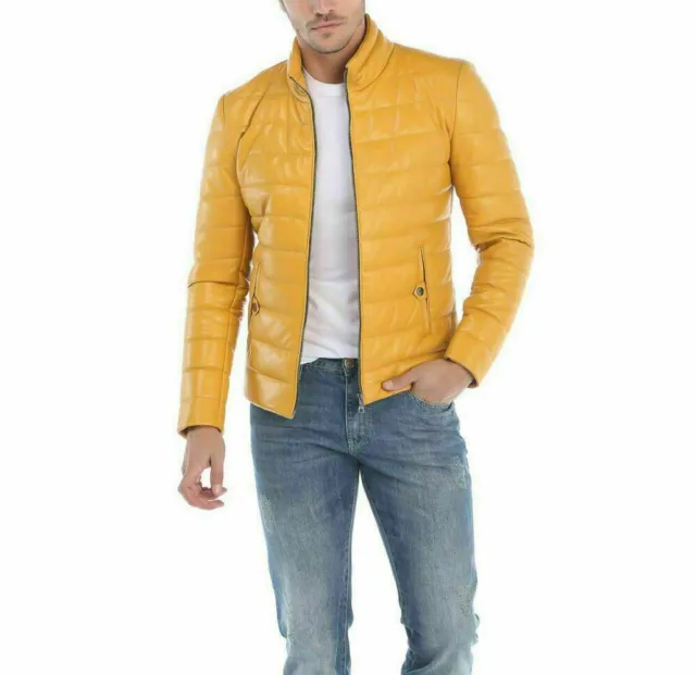 Men's Genuine Lambskin Leather Yellow Puffer Quilted Style Biker Coat Jacket