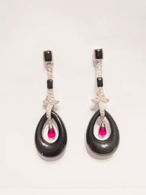 Art Deco Onyx, Ruby, Paste Pierced Earrings Sterling Silver