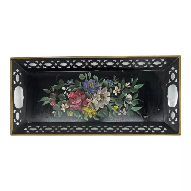 Vintage 50s Large Hand-Painted Floral Bouquet Tole Toleware Tray 22” X 10.25”