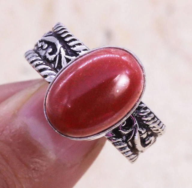 Red Coral 925 Silver Plated Handmade Ring of US Size 9 Ethnic Gift