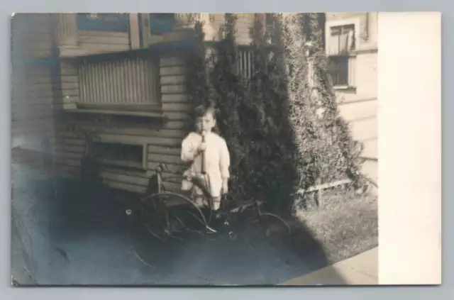 Little Boy Posing w Tricycle RPPC Antique Real Photo Postcard 1910s