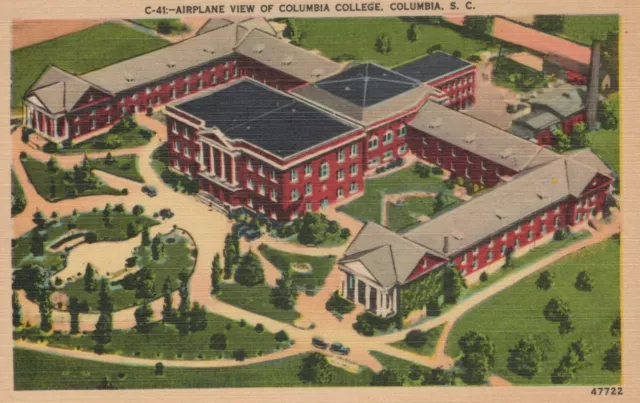 Airplane View Of Columbia College Columbia South Carolina Linen Vintage Postcard