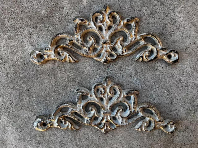 TWO Cast Iron Scroll Toppers, Cabinet Hardware, Wall Plaques, drawer decor royal