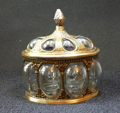 Ornate Blown Bubbleglass Jewelry Casket Brass Dresser Box, large, heavy, vintage