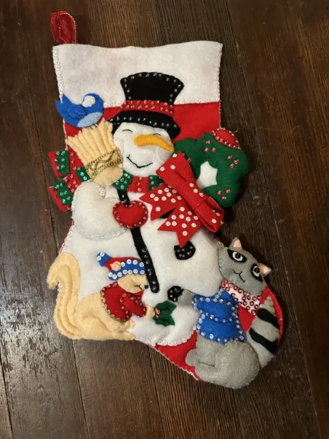 Bucilla? Felt Stocking Craft Snowman 15”Squirrel & raccoon Bluebird Completed