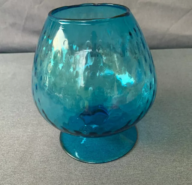 Vintage Italy Empoli Glass Pedestal Vase Diamond Optic Wavy Rim Blue 6 3/4" Tall