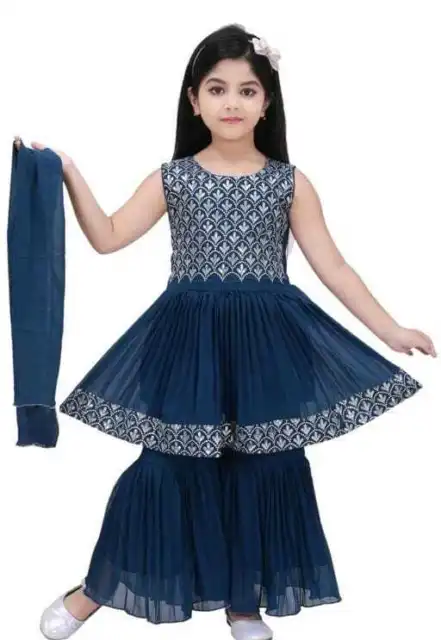 Girl Embroidered Georgette Sleeveless Blue Ethnic Kurti Sharara Eid Wear 3-12 Y