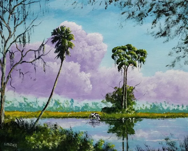 Tropical Florida Landscape Painting "Drinking Cow" 16 x 20 Original S. Prather