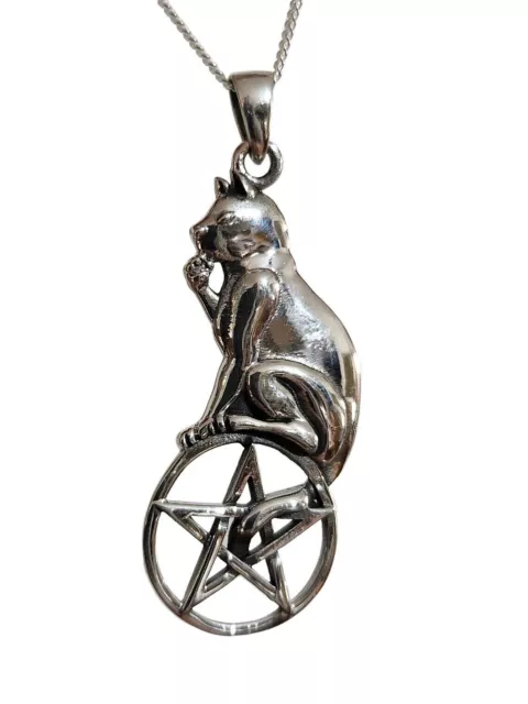 Bast Cat Feline Pentacle Anhänger Halskette Talisman 18" Kette 925 Sterling...