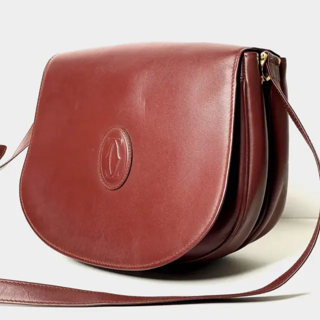 Must De Cartier Red Burgundy Leather Saddle Shoulder Bag Purse Mint