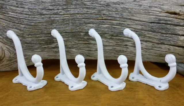 4 WHITE ANTIQUE-STYLE DOUBLE BALL COAT HOOKS 4" CAST IRON rustic wall shab chic