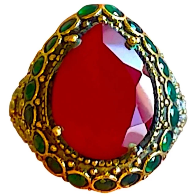 Size 9.75 10 Ruby Emerald Fine Art Ring Solid 925 Sterling Silver/Gold Pear Gems