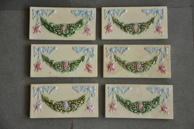 6 Pc Vintage Flower Garland Design Majolica Colorful Ceramic Tiles,Japan