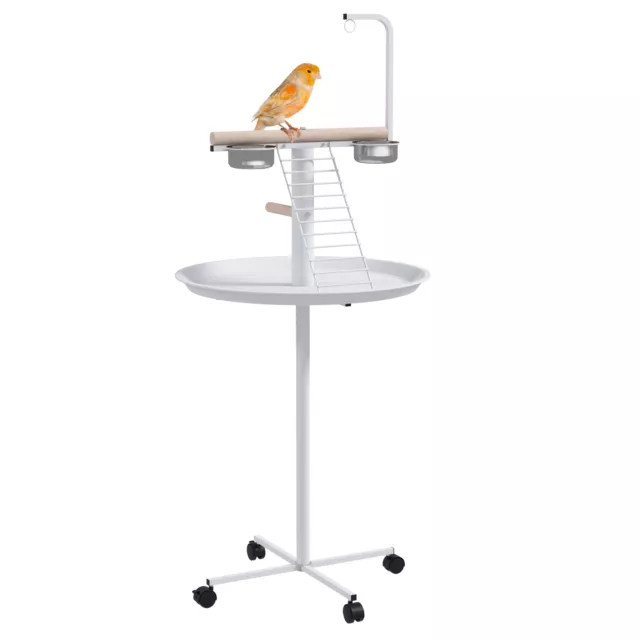 PawHut Bird Table with Four Wheels, Perches, Stainless Steel Bowls, Round Tray