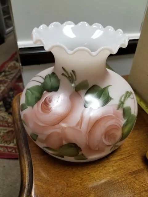 New Lamp Shade Pink Milk Glass Ruffled Edges Hand Painted Flower Rose Vintage 7"