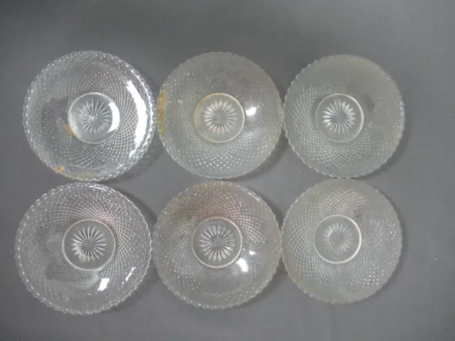 6 Vintage Clear Cut Glass Crystal Butter Pats Cup Plates - 3 1/4" w - aa sb