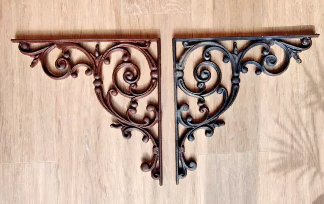 A PAIR of Cast Iron Vintage Fancy Wall Mounted Shelf Support Brackets 40cm